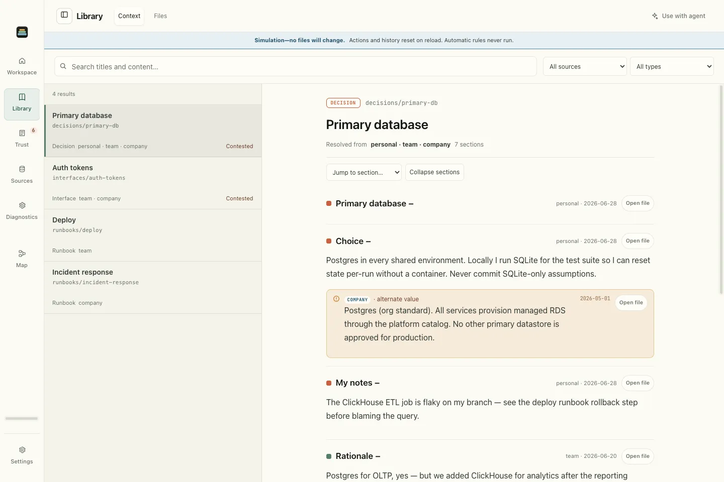 ContextCake Library showing the Primary database decision, its personal source and date, and the company’s alternate value alongside it.